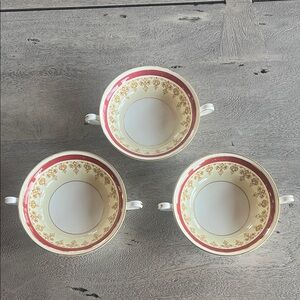 Antique Cauldon China England Teacups Set of 3 Ivory Burgundy Gold Gilt c.1920s